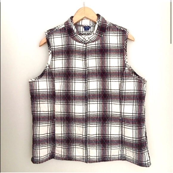 Basic Editions Cream Plaid Zip Front Vest - Picture 3 of 8